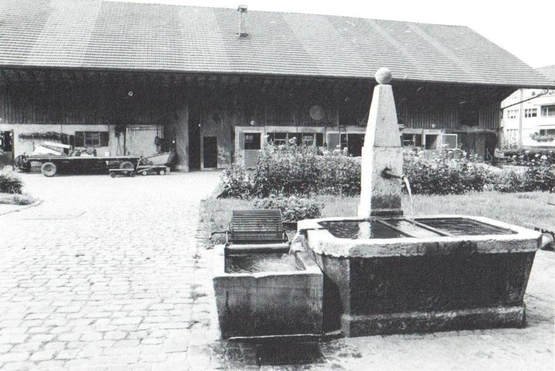 Brunnen vor der historischen Siedlung